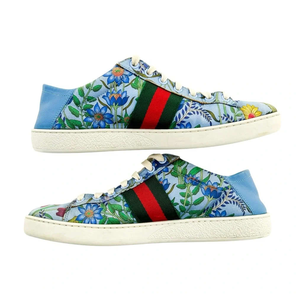 Gucci Ace Blue Floral Print Bee Web Stripe Leather Low Top Slip On Sneakers 38.5